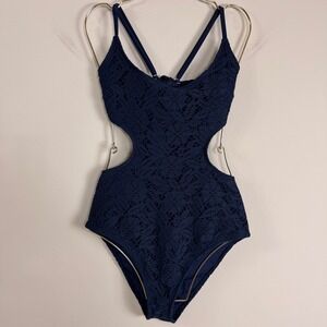 Aerie Navy Blue Crochet Monokini Cutout One Piece Swimsuit Womens Medium Cheeky
